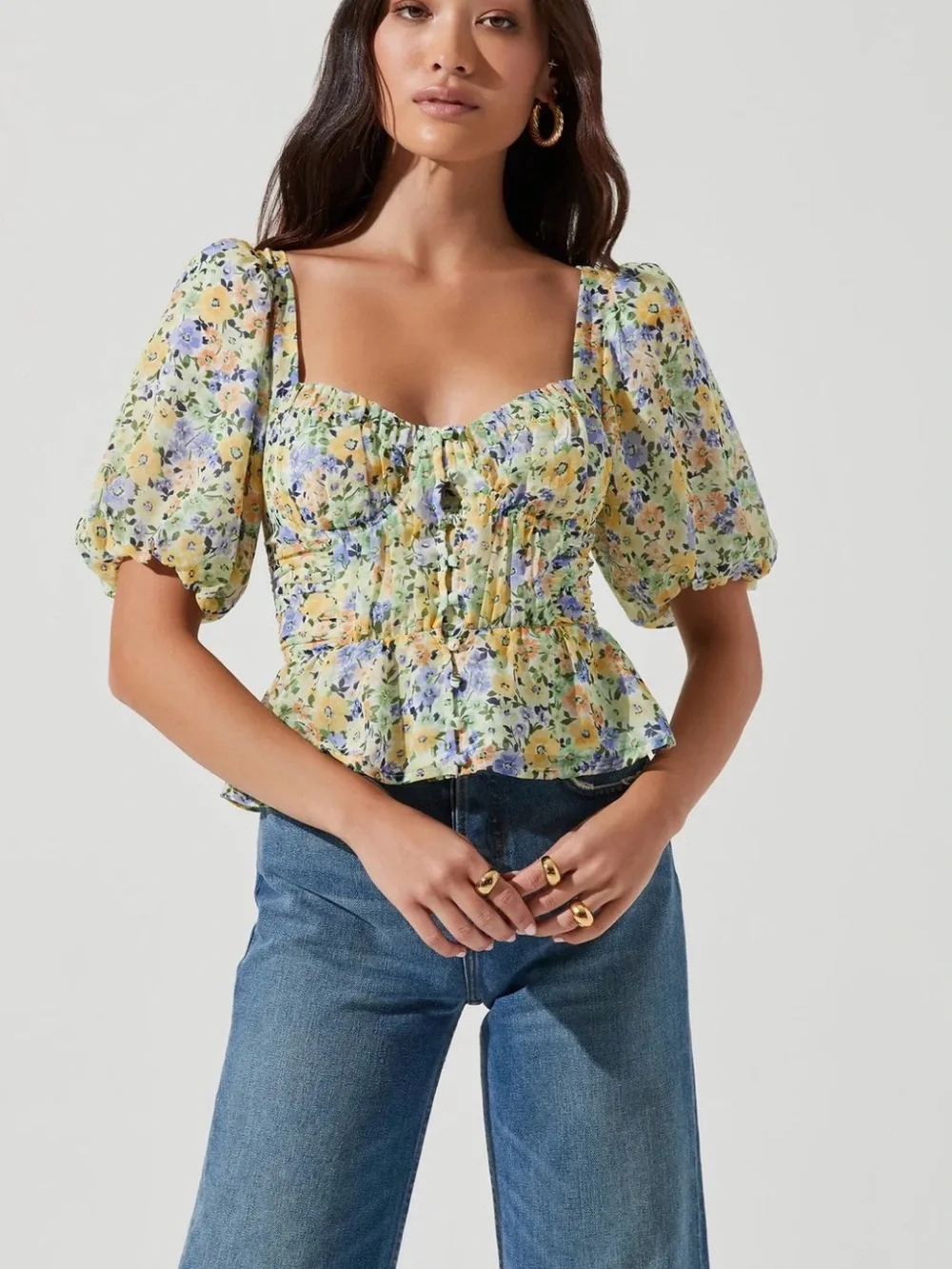 Astr Floral Puff-Sleeve Peplum Top in Yellow and Blue